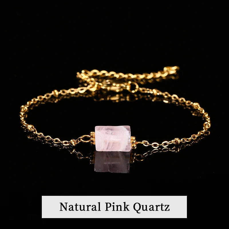 JD Natural Stone Pink Quartz Amethyst Faceted Tube Bead Stainless Steel Bracelet Women Exquisite Nugget Gems Adjustable Jewelry