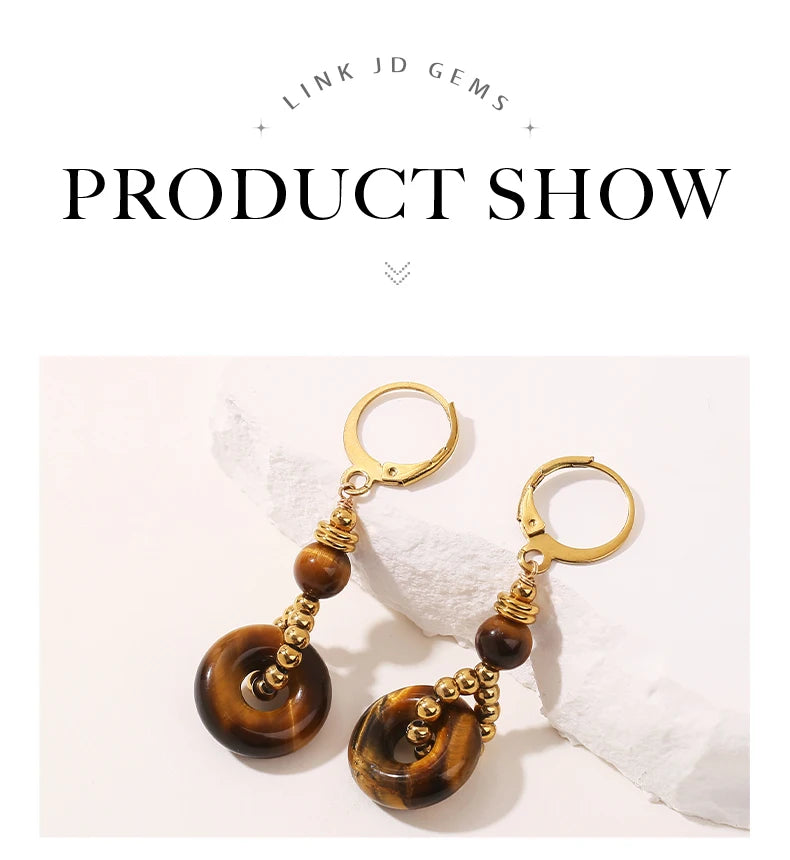 JD New Fashion Earrings Natural Tiger Eye Stone Hoop Earring for Women Charm Lucky Energy Stone Handmade Stainless Steel Jewelry