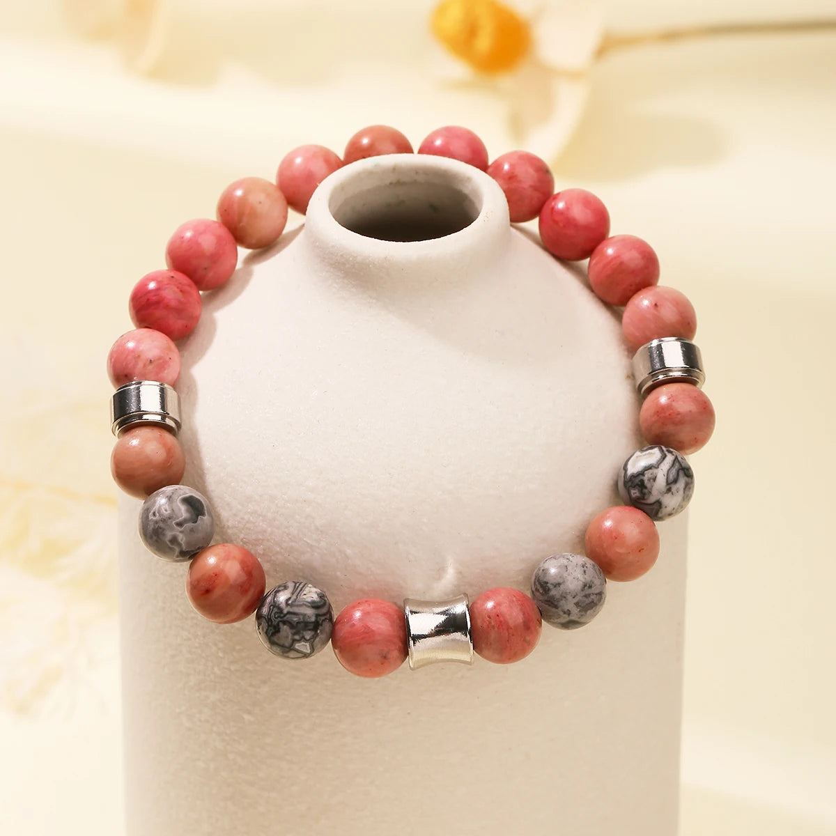 JD Natural Rhodonite Map Stone Mixed Stainless Steel Bracelets Women Men Simple Vintage Handmade Stretch Bangles Yoga Jewelry