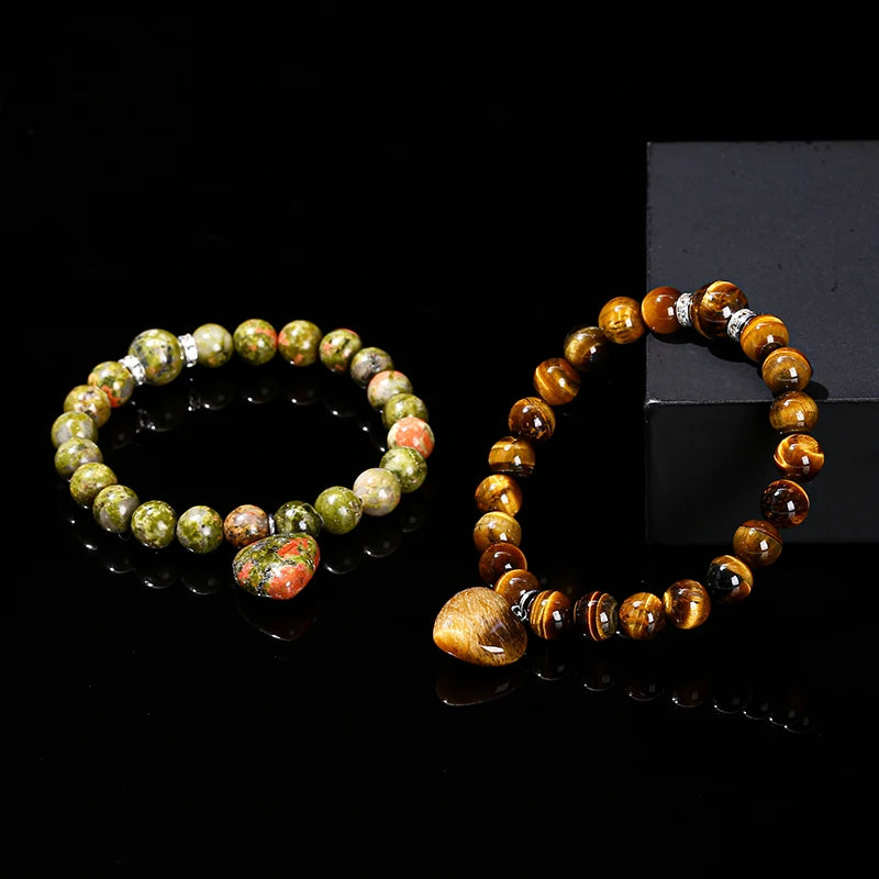 JD Natural Pink Quartz Yellow Tiger Eye Unakite Heart Pendant Beaded Bracelet Women Lovers Elegant Handmade Stretch Healing Gift