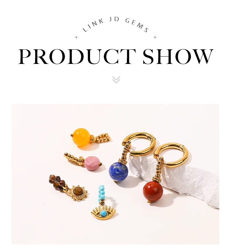 JD Natural Stone Dangle Earrings Varied DIY Design for Women Stainless Steel Hoop Earrings Crystal Pendant Jewelry Accessory