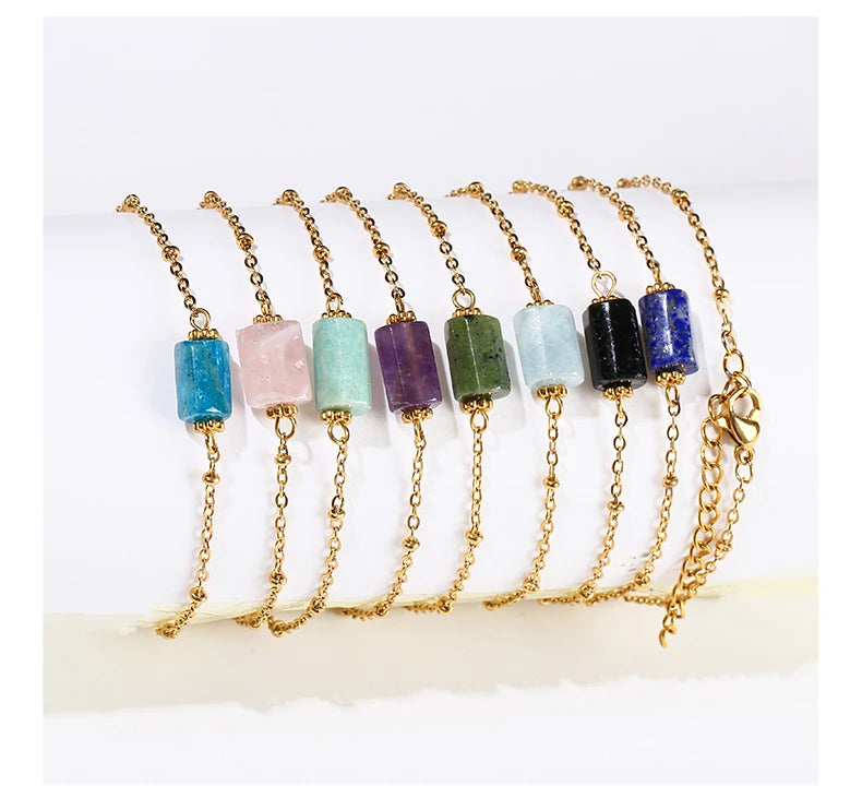 JD Natural Stone Pink Quartz Amethyst Faceted Tube Bead Stainless Steel Bracelet Women Exquisite Nugget Gems Adjustable Jewelry