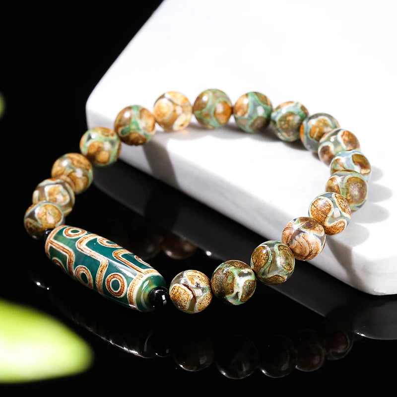 JD Natural Green Nine Eyes Tibetan Dzi Agate Barrel Beads Bracelet Women Men Retro Healing Buddha Prayer Charm Yoga Jewelry Gift