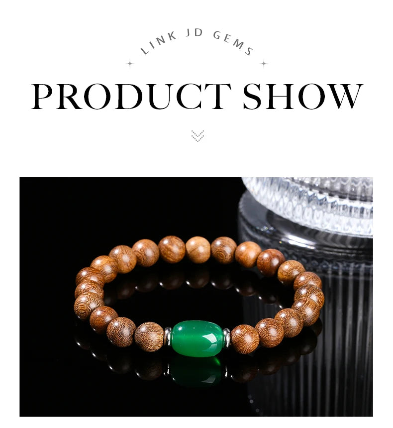 JD Natural Wooden Bracelets Golden Silk Sandalwood Green Agate Barrel Bead Buddha Bracelet Women Vintage Yoga Meditation Jewelry