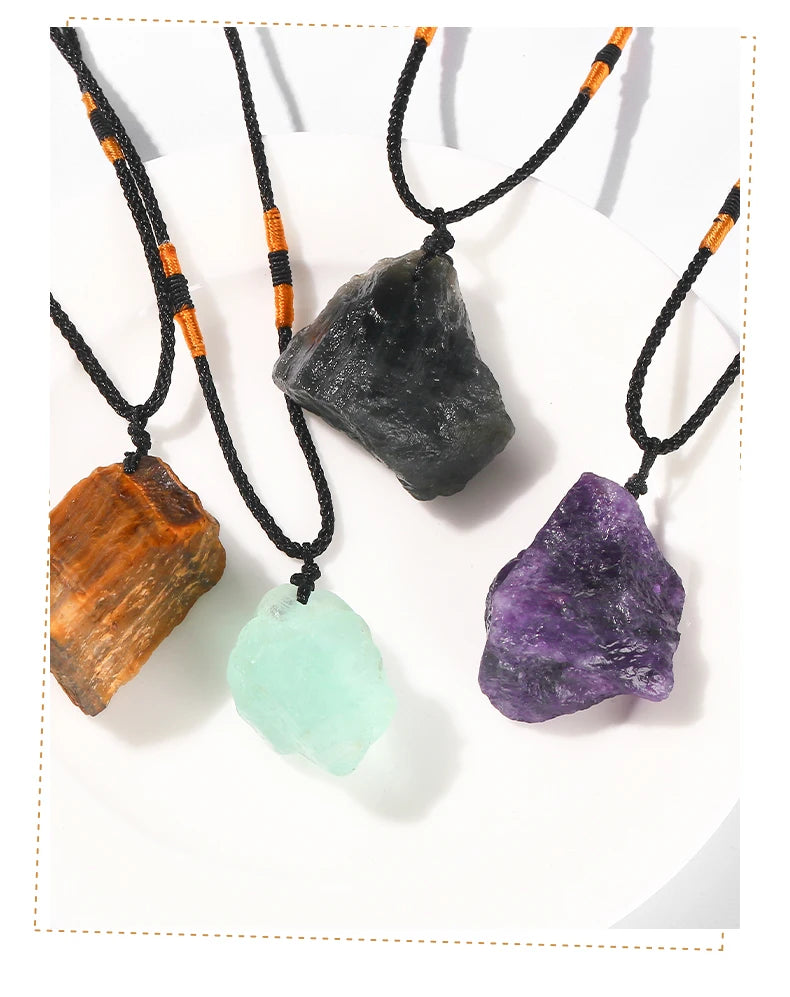 JD Natural Crystal Amethyst Raw Stone Pendant Clavicle Necklace Women Men Reiki Healing Adjustable Rope Chain Lucky Necklace
