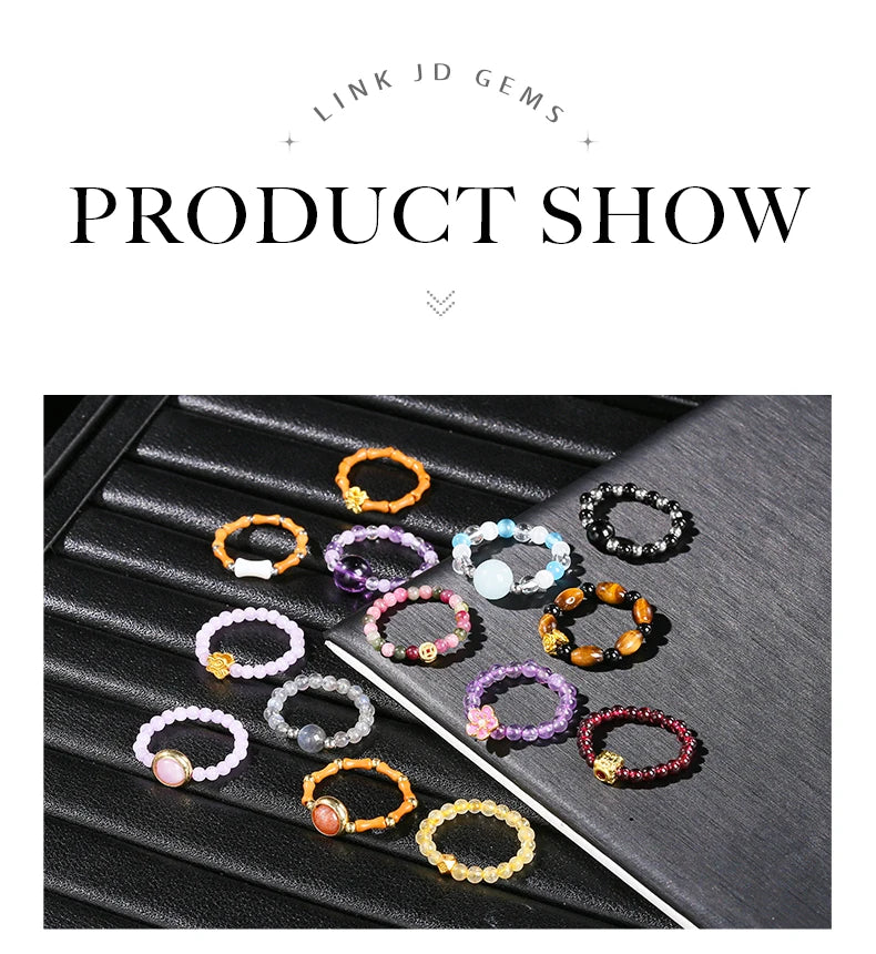 JD Natural Stone Small Bead Crystal Rings for Women Trendy Bohe Handmade Stretch Rings Reiki Healing Party Gifts Couple Jewelry