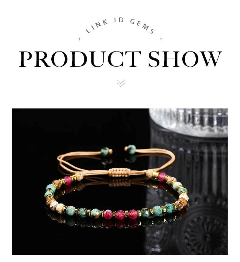 JD Natural Stone Faceted Africa Turquoises Colored Chalcedony Braided Bracelet Women Bohe Handmade Rope Adjustable Jewelry Gift