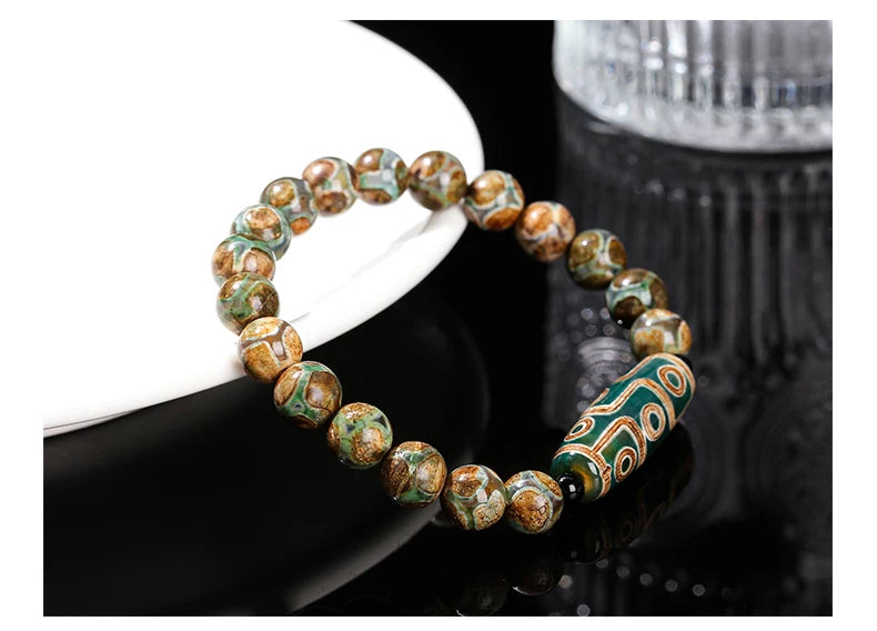 JD Natural Green Nine Eyes Tibetan Dzi Agate Barrel Beads Bracelet Women Men Retro Healing Buddha Prayer Charm Yoga Jewelry Gift