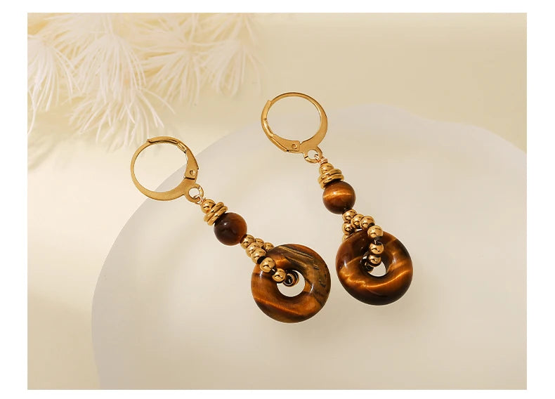 JD New Fashion Earrings Natural Tiger Eye Stone Hoop Earring for Women Charm Lucky Energy Stone Handmade Stainless Steel Jewelry