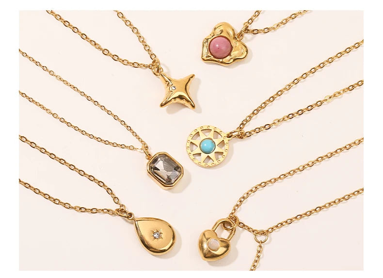 JD Stainless Steel Turquoise Zircon Geometic Patter Pendant Necklaces For Women Bohemian Delicate Wedding Jewelry Collar Mujer