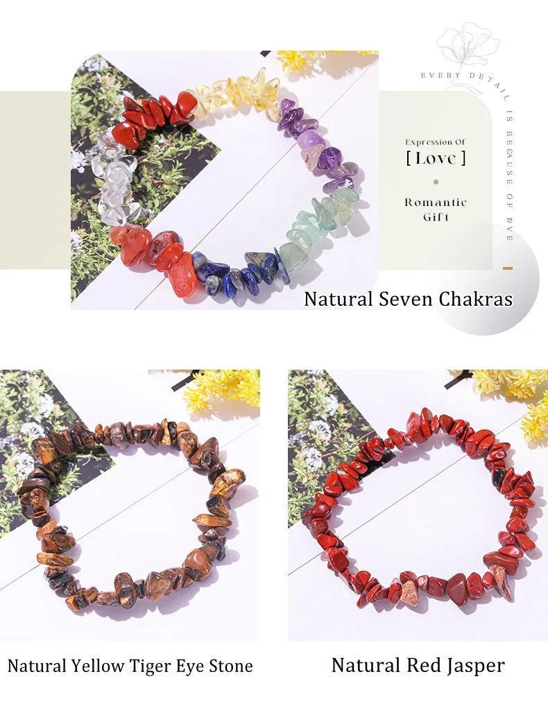 JD Natural Crystal Stone Seven Chakra Irregular Energy Bracelet Women Men Healing Amethyst Fluorite Chip Strand Bracelet Gift