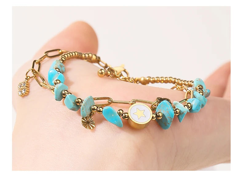 JD Natural Blue Turquoise Gravel Stone Double Layer Zircon Bracelets Women Bohemian Stainless Steel Reiki Healing Friend Gift