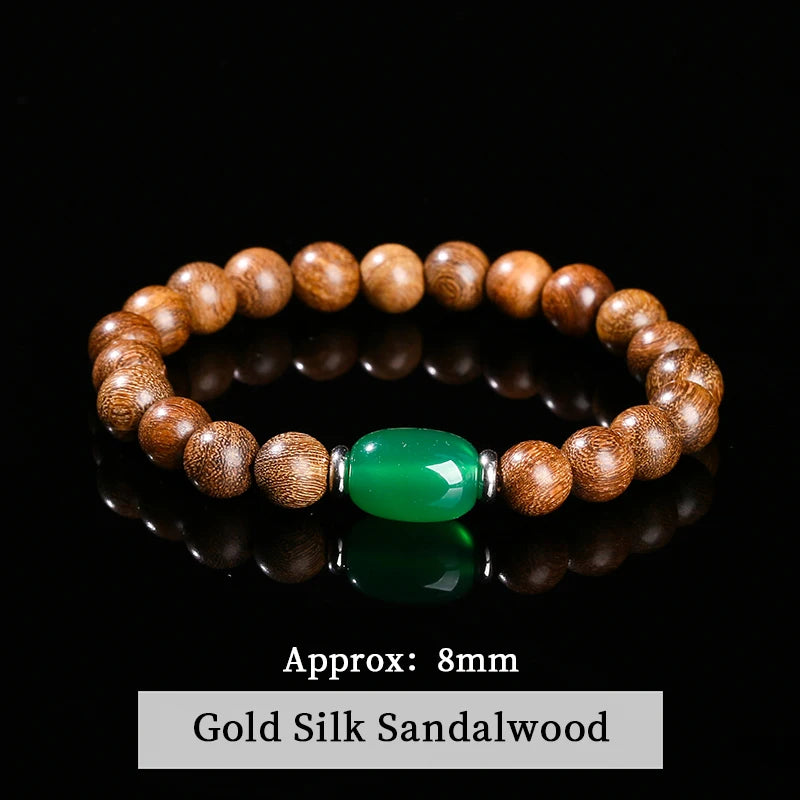JD Natural Wooden Bracelets Golden Silk Sandalwood Green Agate Barrel Bead Buddha Bracelet Women Vintage Yoga Meditation Jewelry