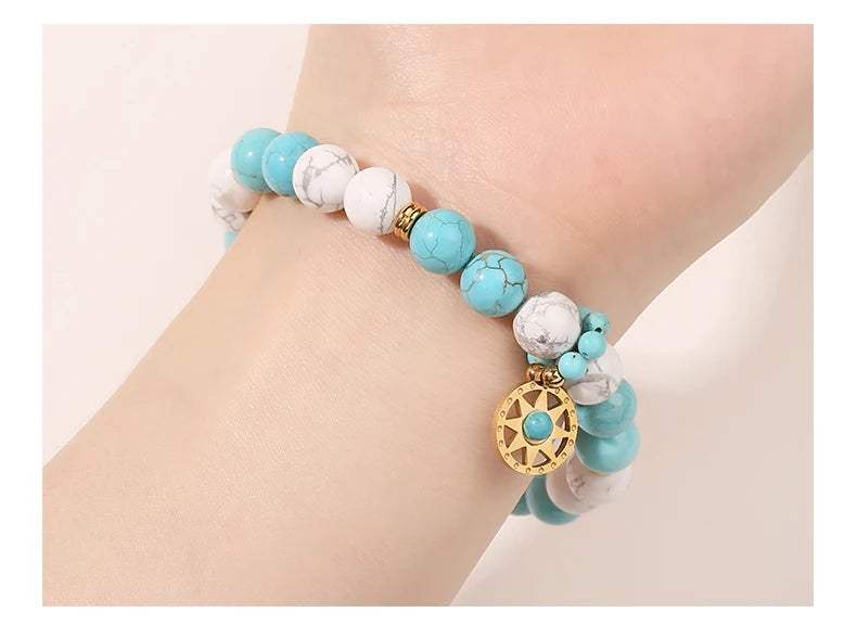 JD Natural Stone Blue Turquoise Strand Stainless Steel Sun Pendant Bracelets Women Fashion Bohemian Healing Energy Jewelry Gift
