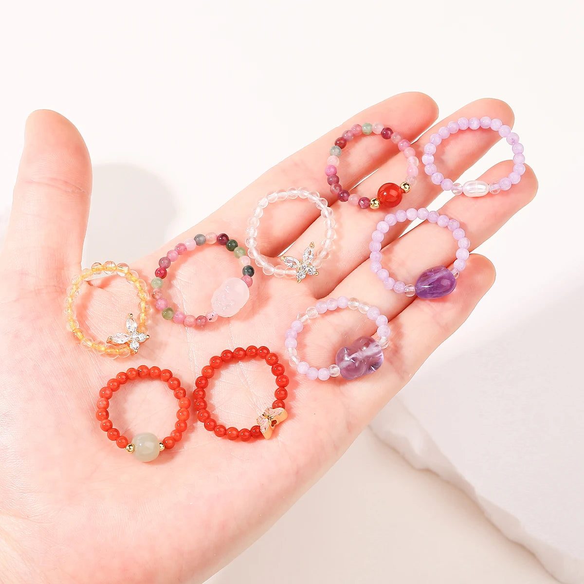 JD Natural Crystal Rings for Women Fashion Simple Sweet Small Beads Tourmaline Amethyst Turquoise Adjustable Reiki Healing Rings