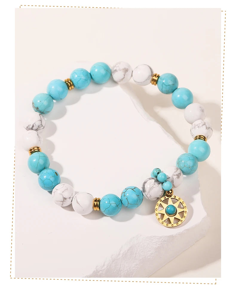 JD Natural Stone Blue Turquoise Strand Stainless Steel Sun Pendant Bracelets Women Fashion Bohemian Healing Energy Jewelry Gift