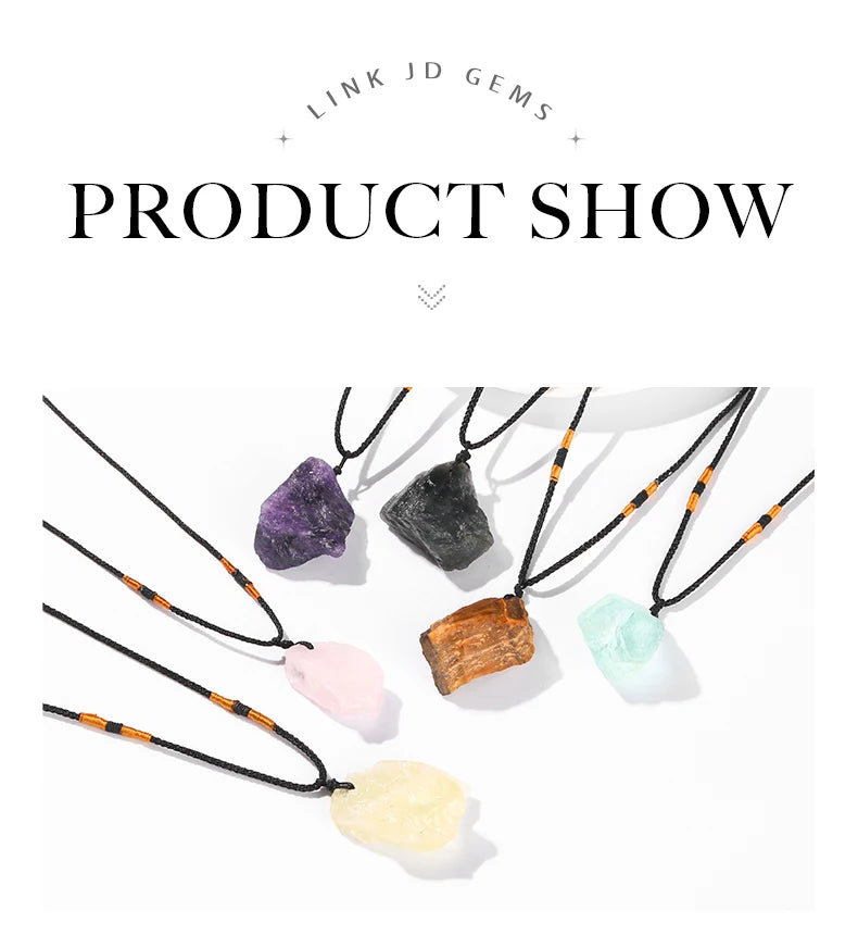 JD Natural Crystal Amethyst Raw Stone Pendant Clavicle Necklace Women Men Reiki Healing Adjustable Rope Chain Lucky Necklace