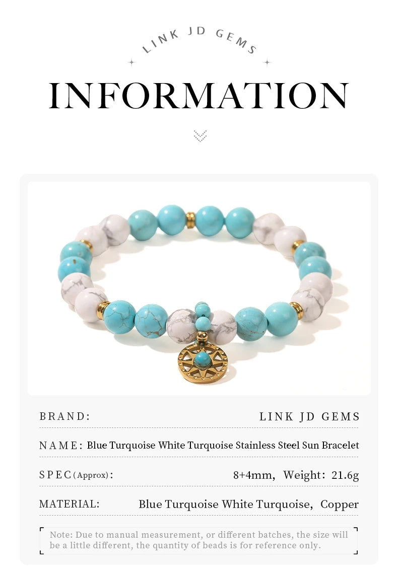JD Natural Stone Blue Turquoise Strand Stainless Steel Sun Pendant Bracelets Women Fashion Bohemian Healing Energy Jewelry Gift