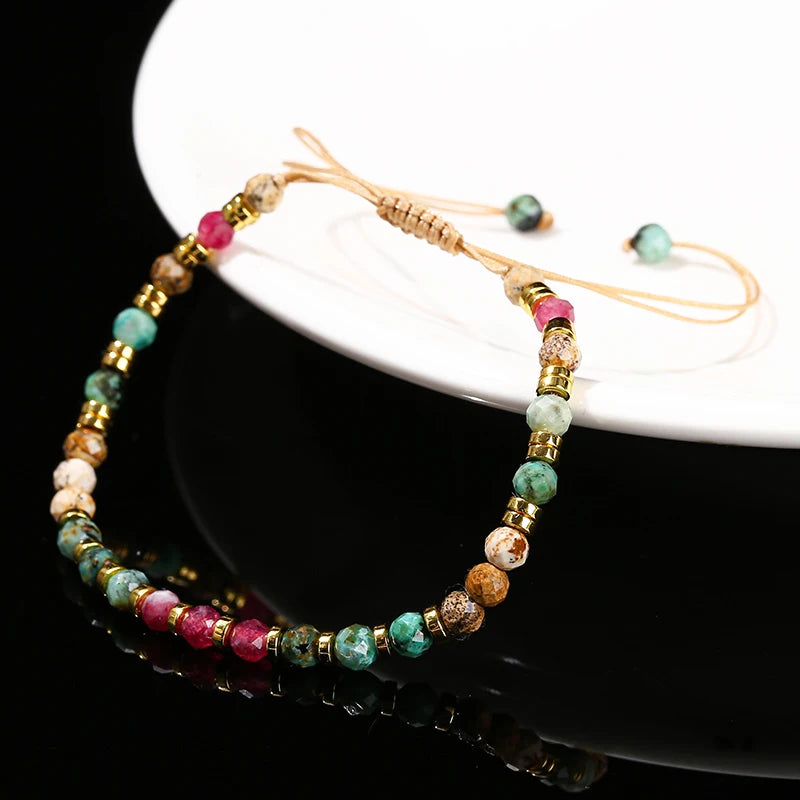 JD Natural Stone Faceted Africa Turquoises Colored Chalcedony Braided Bracelet Women Bohe Handmade Rope Adjustable Jewelry Gift
