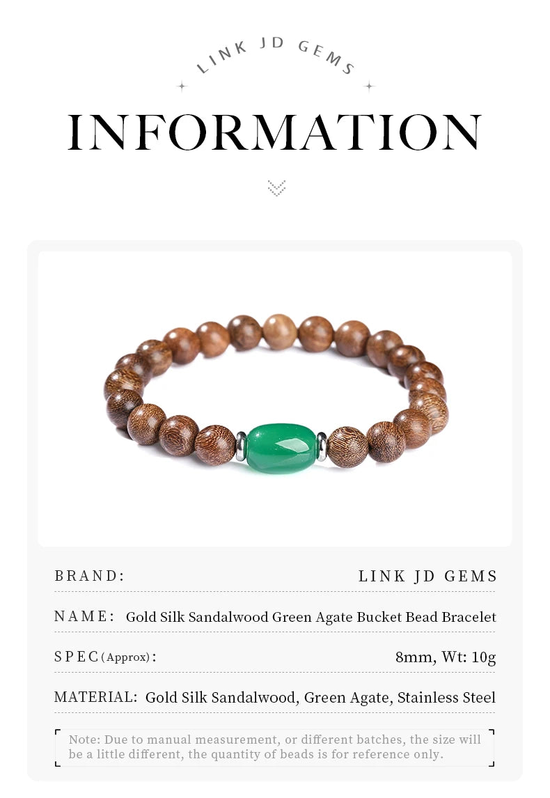 JD Natural Wooden Bracelets Golden Silk Sandalwood Green Agate Barrel Bead Buddha Bracelet Women Vintage Yoga Meditation Jewelry