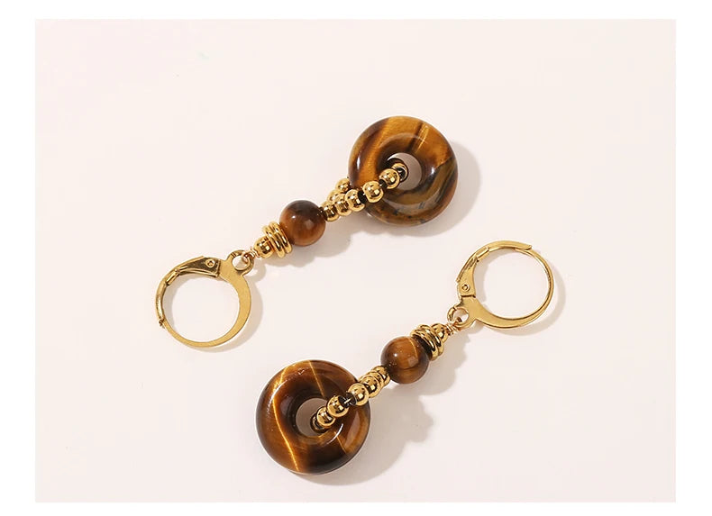 JD New Fashion Earrings Natural Tiger Eye Stone Hoop Earring for Women Charm Lucky Energy Stone Handmade Stainless Steel Jewelry