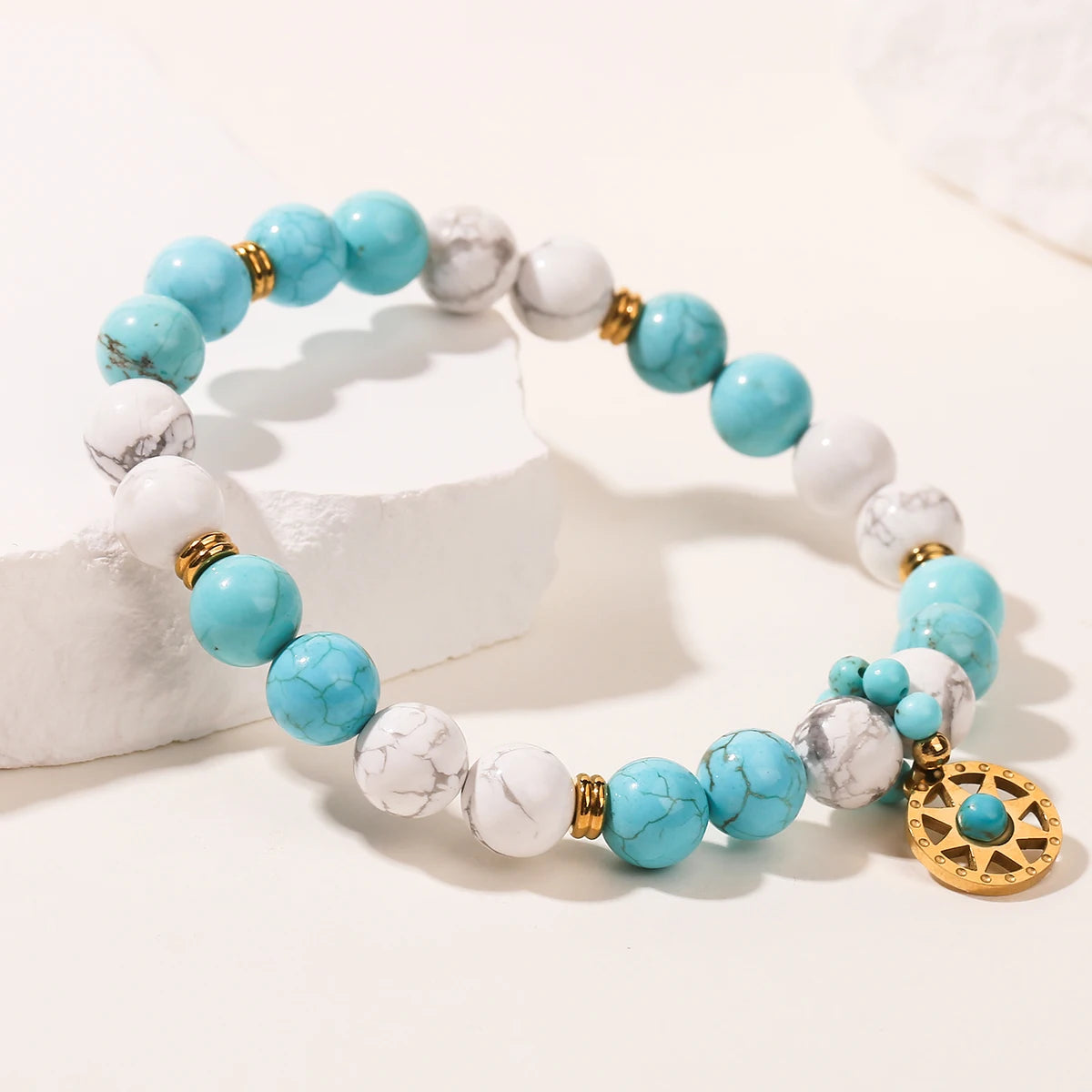 JD Natural Stone Blue Turquoise Strand Stainless Steel Sun Pendant Bracelets Women Fashion Bohemian Healing Energy Jewelry Gift