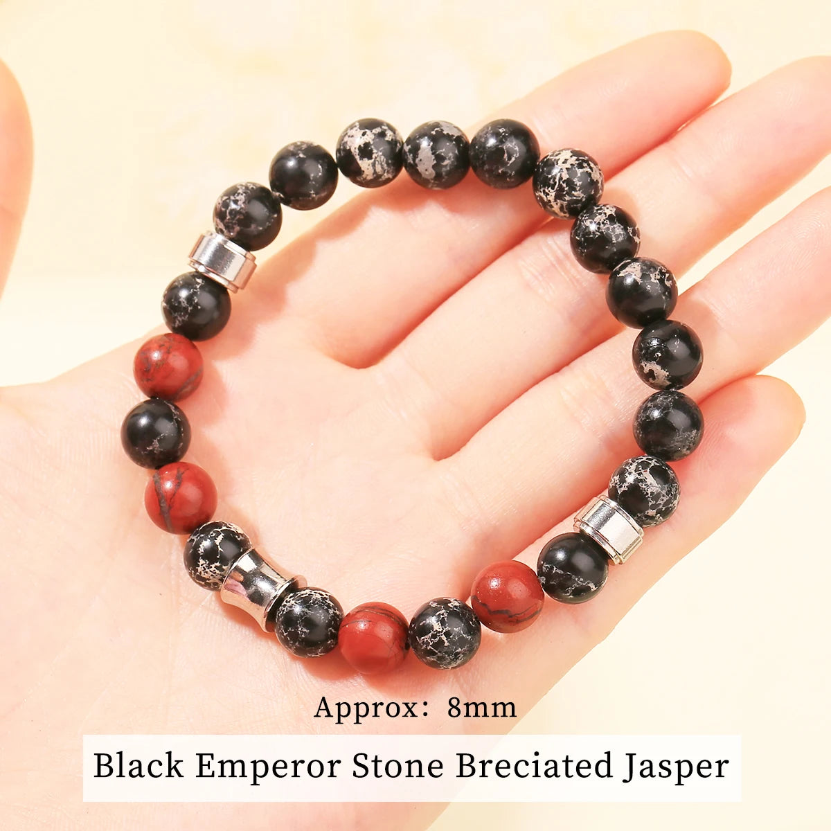 JD Natural Rhodonite Map Stone Mixed Stainless Steel Bracelets Women Men Simple Vintage Handmade Stretch Bangles Yoga Jewelry