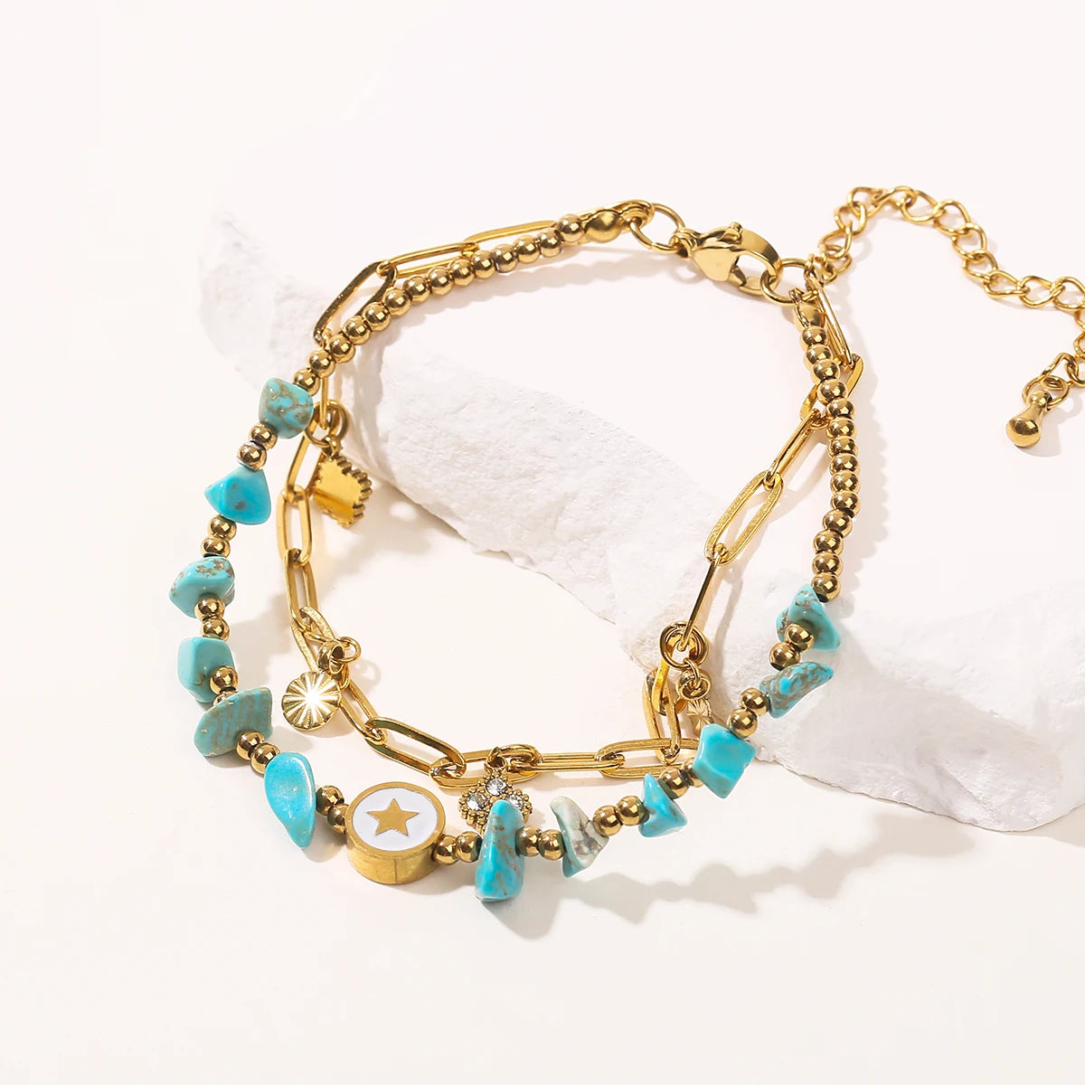 JD Natural Blue Turquoise Gravel Stone Double Layer Zircon Bracelets Women Bohemian Stainless Steel Reiki Healing Friend Gift