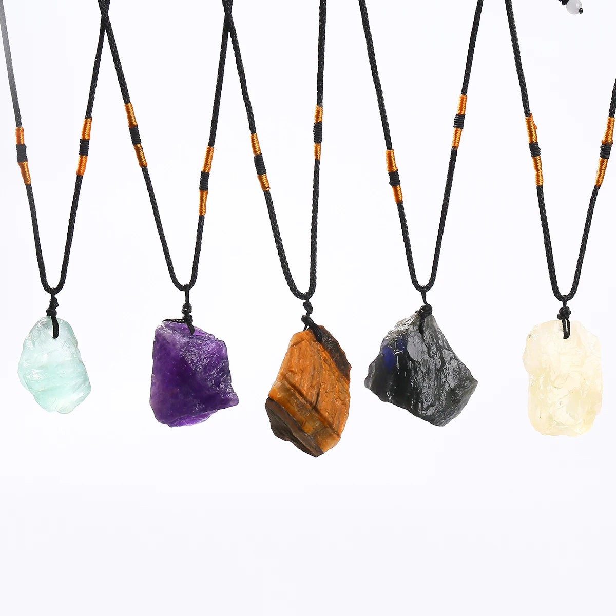 JD Natural Crystal Amethyst Raw Stone Pendant Clavicle Necklace Women Men Reiki Healing Adjustable Rope Chain Lucky Necklace