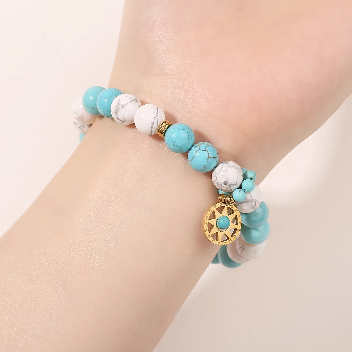 JD Natural Stone Blue Turquoise Strand Stainless Steel Sun Pendant Bracelets Women Fashion Bohemian Healing Energy Jewelry Gift