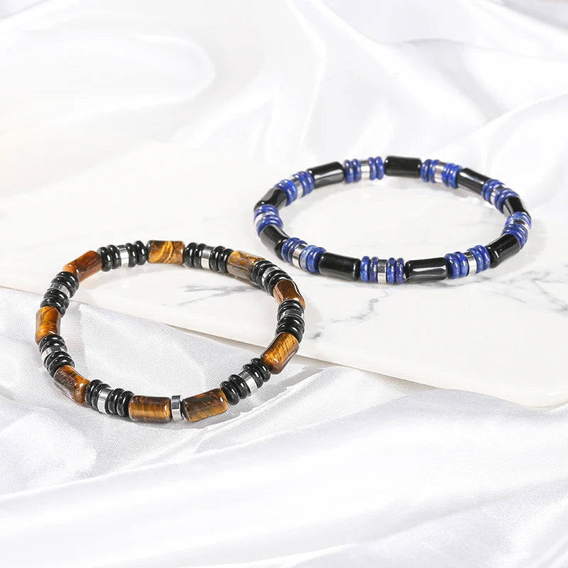 JD Natural Yellow Tiger Eye Stone Tube Shape Bracelets for Women Men Classic Stainless Steel Elastic Bangles Yoga Energy Gifts