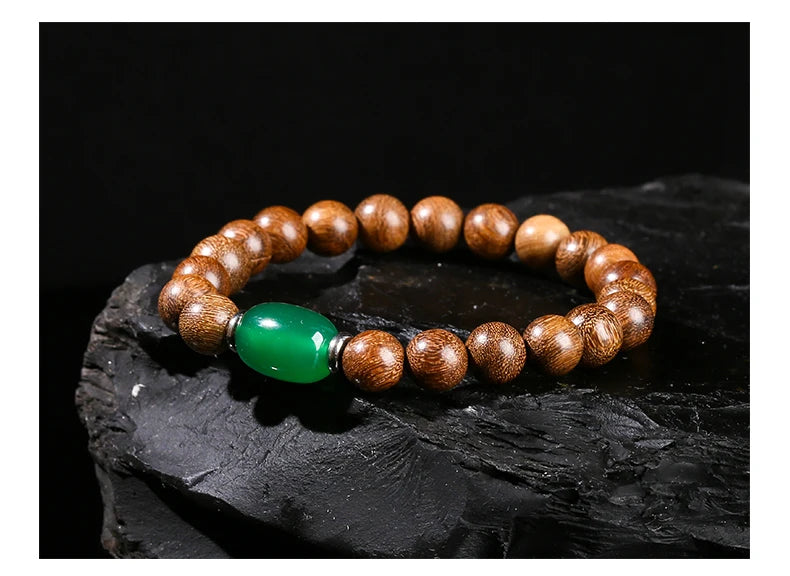 JD Natural Wooden Bracelets Golden Silk Sandalwood Green Agate Barrel Bead Buddha Bracelet Women Vintage Yoga Meditation Jewelry