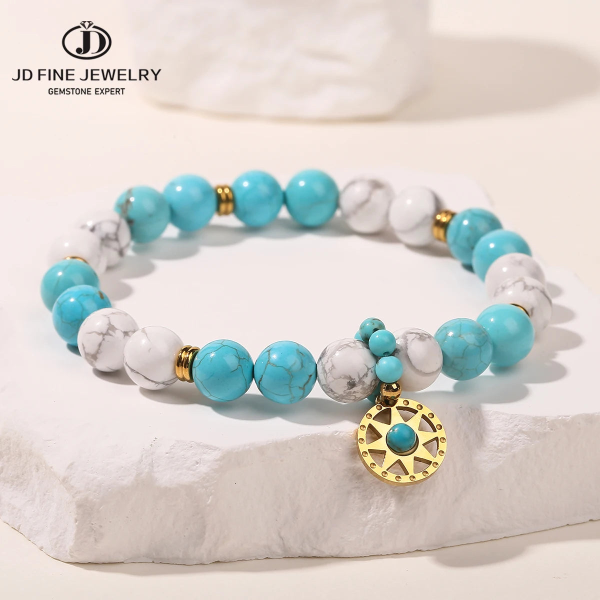 JD Natural Stone Blue Turquoise Strand Stainless Steel Sun Pendant Bracelets Women Fashion Bohemian Healing Energy Jewelry Gift