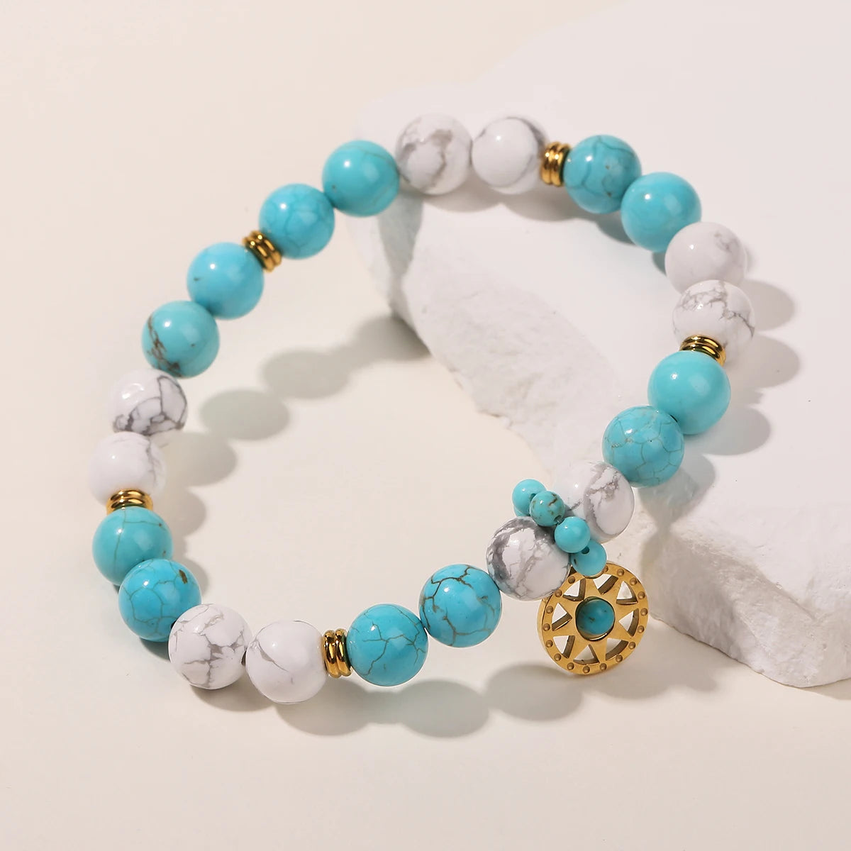 JD Natural Stone Blue Turquoise Strand Stainless Steel Sun Pendant Bracelets Women Fashion Bohemian Healing Energy Jewelry Gift