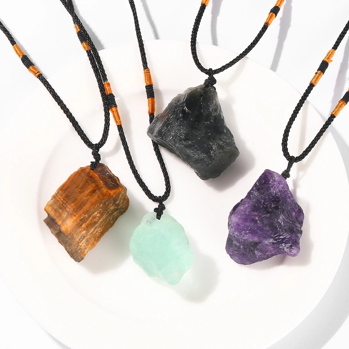 JD Natural Crystal Amethyst Raw Stone Pendant Clavicle Necklace Women Men Reiki Healing Adjustable Rope Chain Lucky Necklace