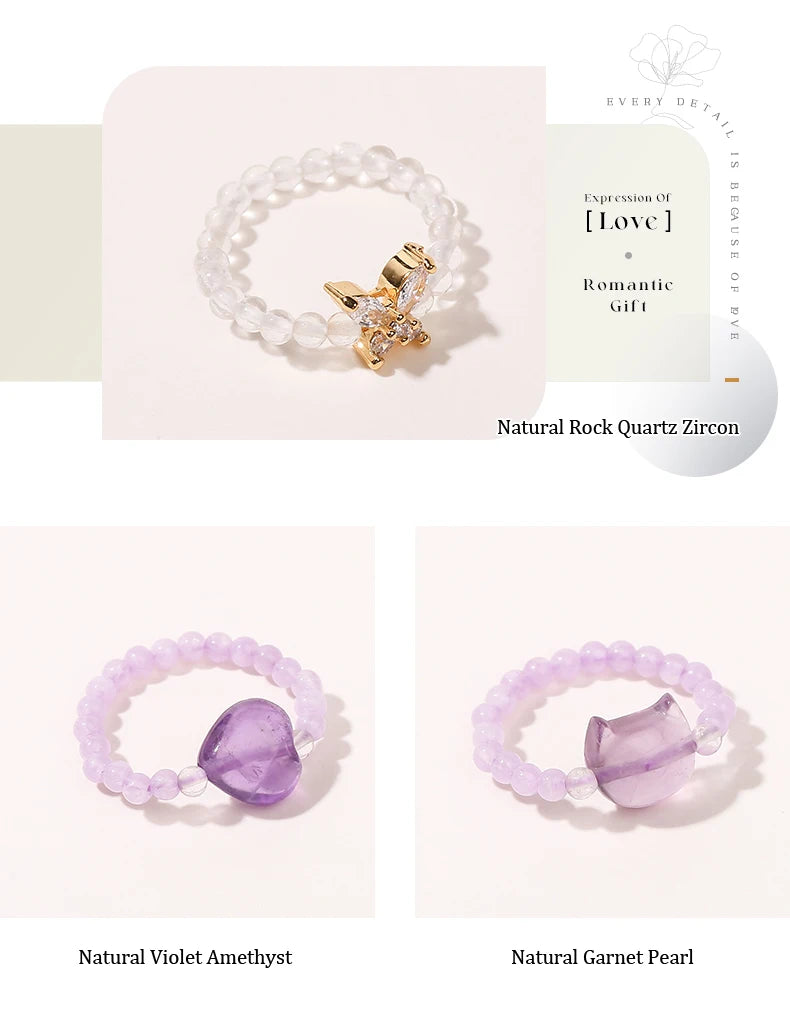 JD Natural Crystal Rings for Women Fashion Simple Sweet Small Beads Tourmaline Amethyst Turquoise Adjustable Reiki Healing Rings