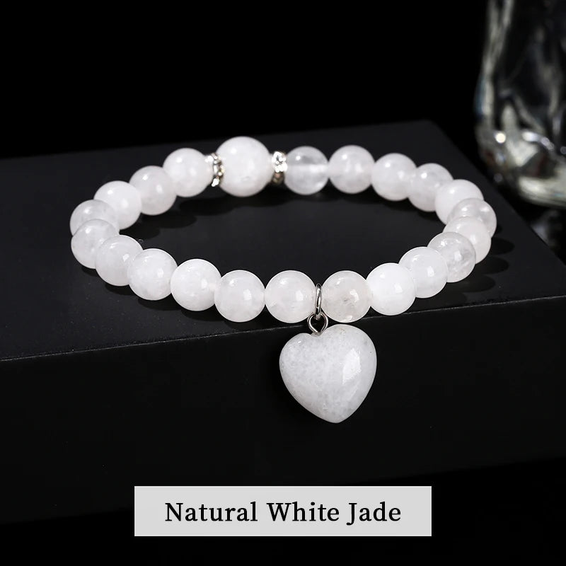 JD Natural Pink Quartz Yellow Tiger Eye Unakite Heart Pendant Beaded Bracelet Women Lovers Elegant Handmade Stretch Healing Gift