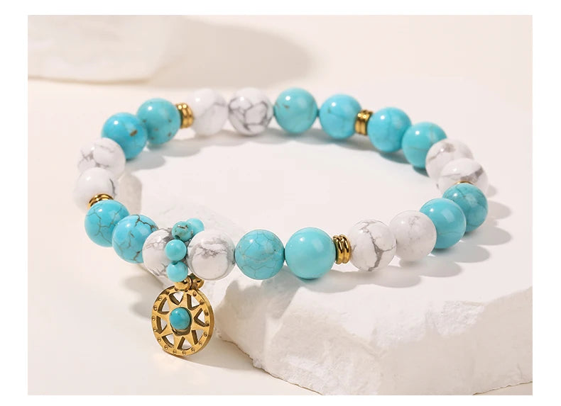JD Natural Stone Blue Turquoise Strand Stainless Steel Sun Pendant Bracelets Women Fashion Bohemian Healing Energy Jewelry Gift