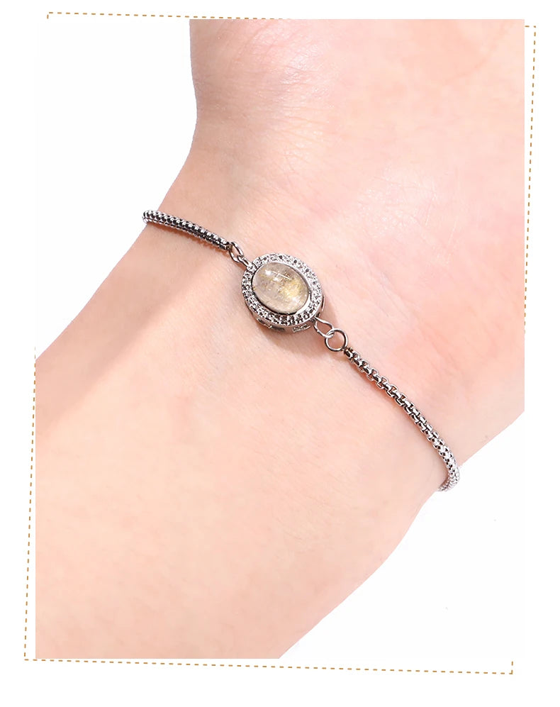 JD Natural Golden Rutilated Quartz Inlaid Chain Bracelets Women Luxury Elegant Handmade Stainless Steel Gems Healing Couple Gift