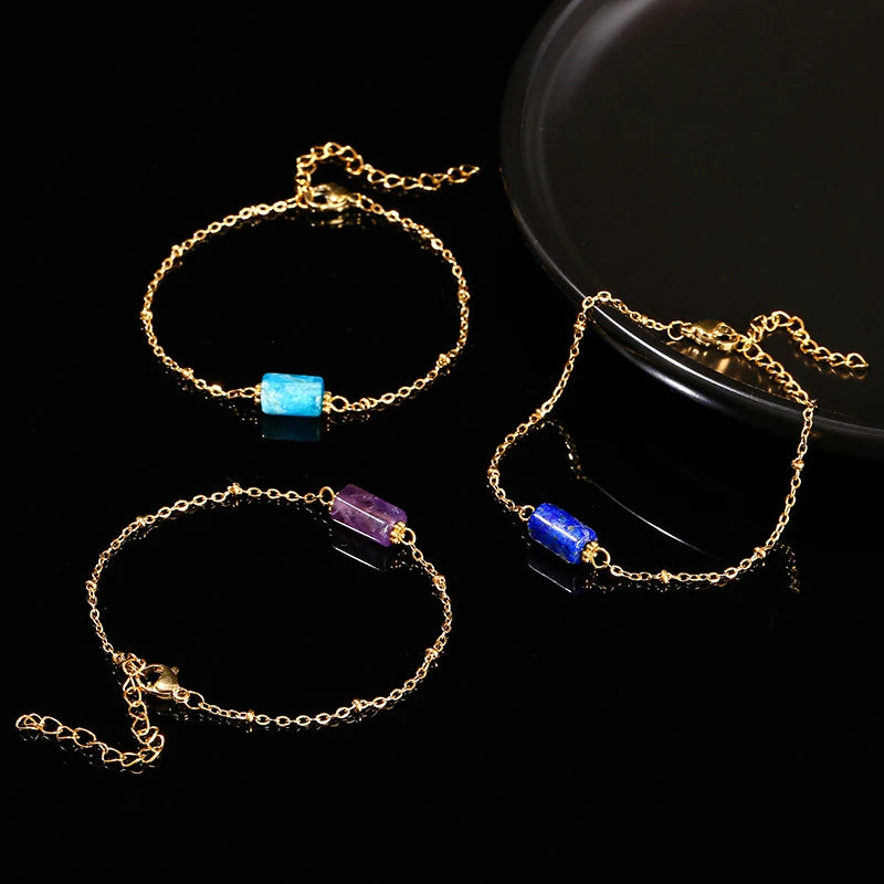 JD Natural Stone Pink Quartz Amethyst Faceted Tube Bead Stainless Steel Bracelet Women Exquisite Nugget Gems Adjustable Jewelry