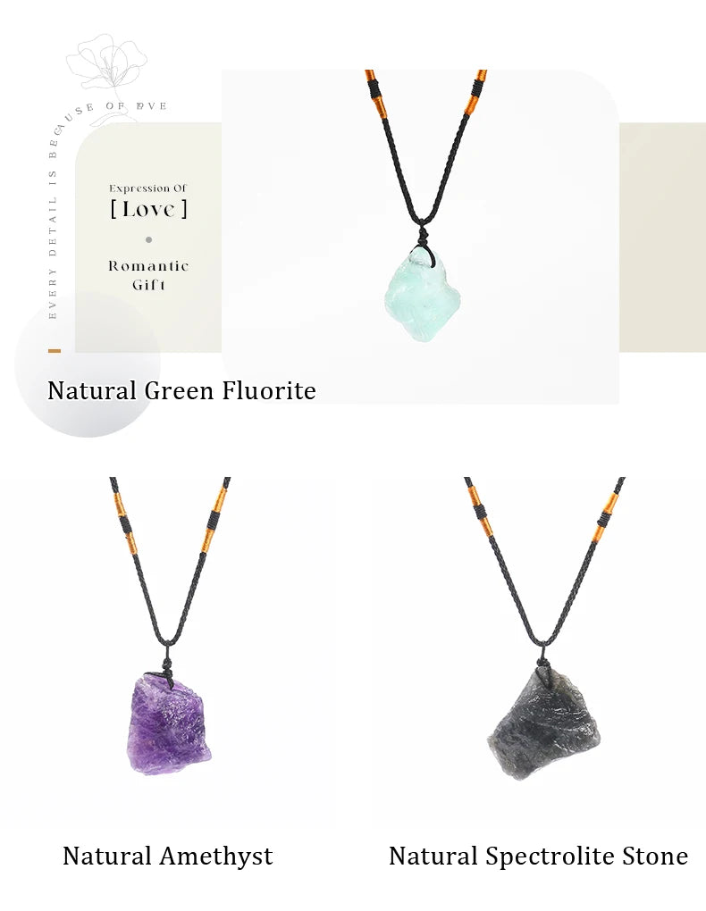 JD Natural Crystal Amethyst Raw Stone Pendant Clavicle Necklace Women Men Reiki Healing Adjustable Rope Chain Lucky Necklace