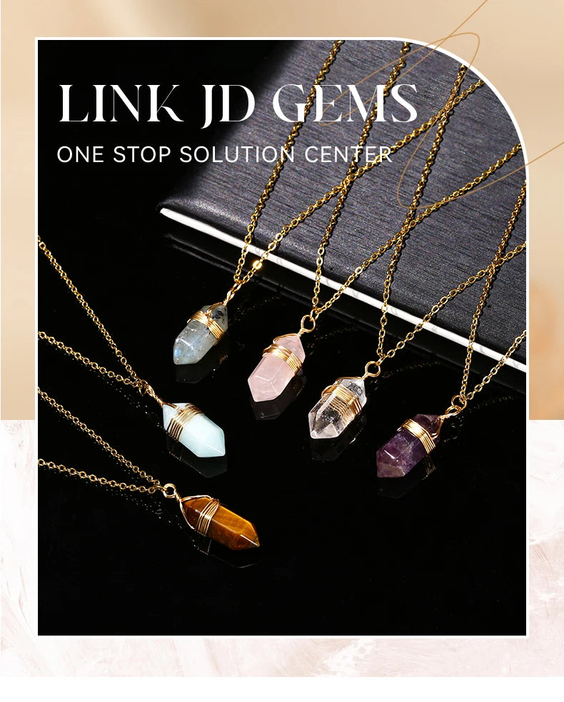 JD Natural Stone Amethyst Yellow Tiger Eye Obsidian Hexagon Column Charm Necklace Women Men Fashion Energy Healing Chain Choker