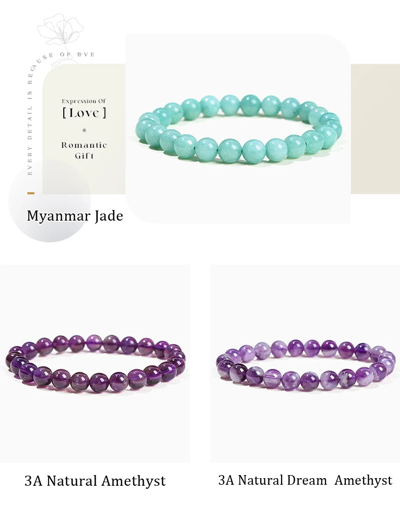 JD Natural Stone Beads Bracelet Amethyst Tiger Eye Crystal Quartz Agate Gem Beads Bangles Women Men Reiki Healling Jewelry Gift