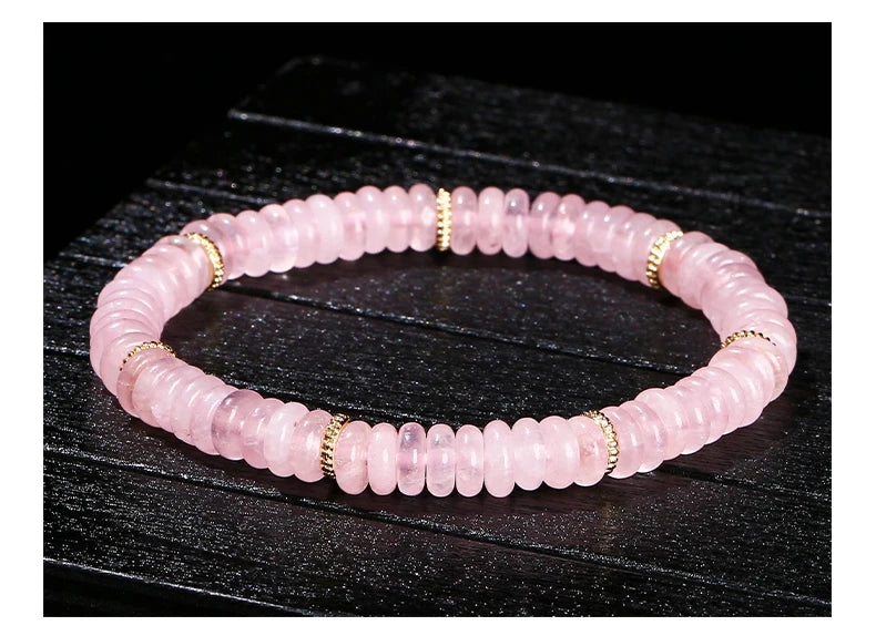 JD Natural Stone Green Aventurine Pink Quartz Flat Spacer Beads Bracelet Women Men Bohe Elastic Bangles Healing Friendship Gift