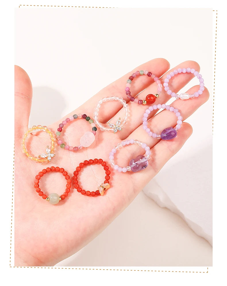 JD Natural Crystal Rings for Women Fashion Simple Sweet Small Beads Tourmaline Amethyst Turquoise Adjustable Reiki Healing Rings