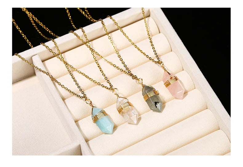 JD Natural Stone Amethyst Yellow Tiger Eye Obsidian Hexagon Column Charm Necklace Women Men Fashion Energy Healing Chain Choker