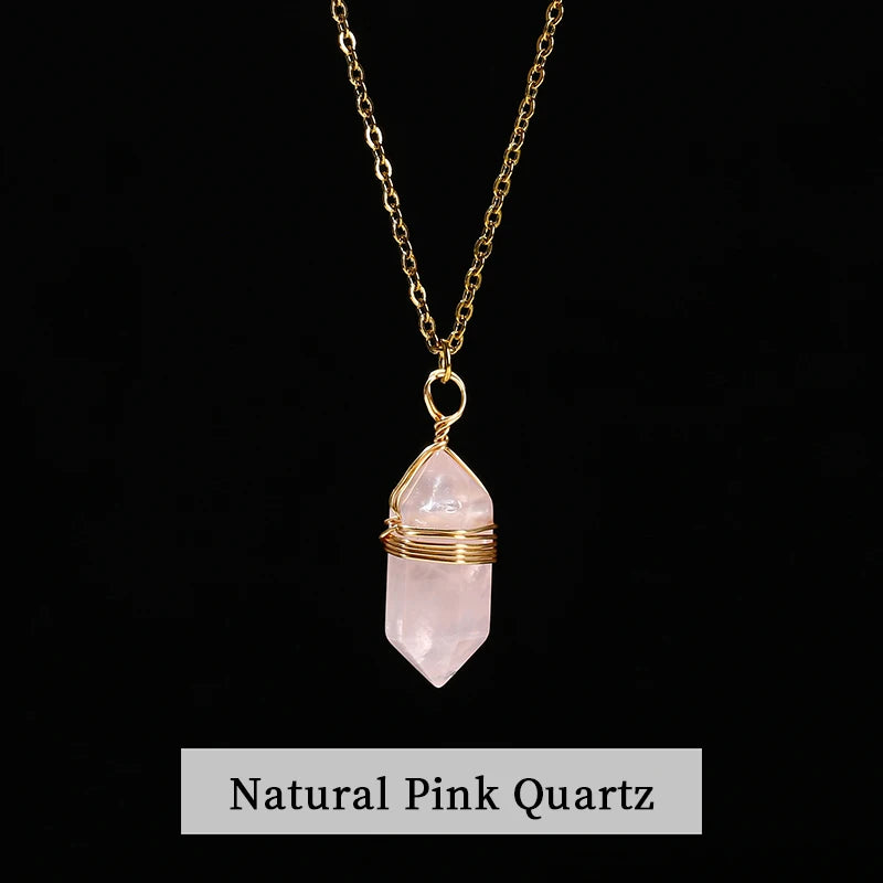 JD Natural Stone Amethyst Yellow Tiger Eye Obsidian Hexagon Column Charm Necklace Women Men Fashion Energy Healing Chain Choker