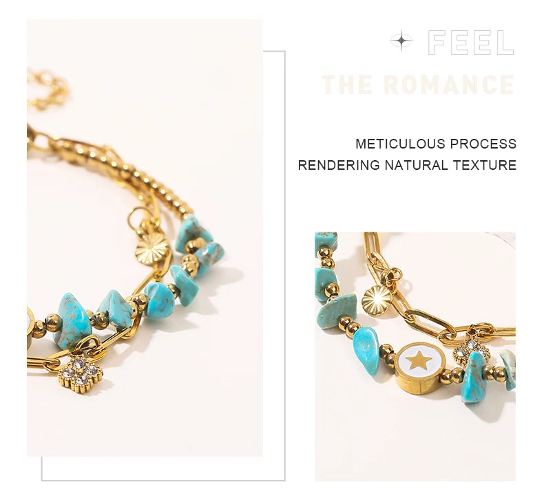 JD Natural Blue Turquoise Gravel Stone Double Layer Zircon Bracelets Women Bohemian Stainless Steel Reiki Healing Friend Gift