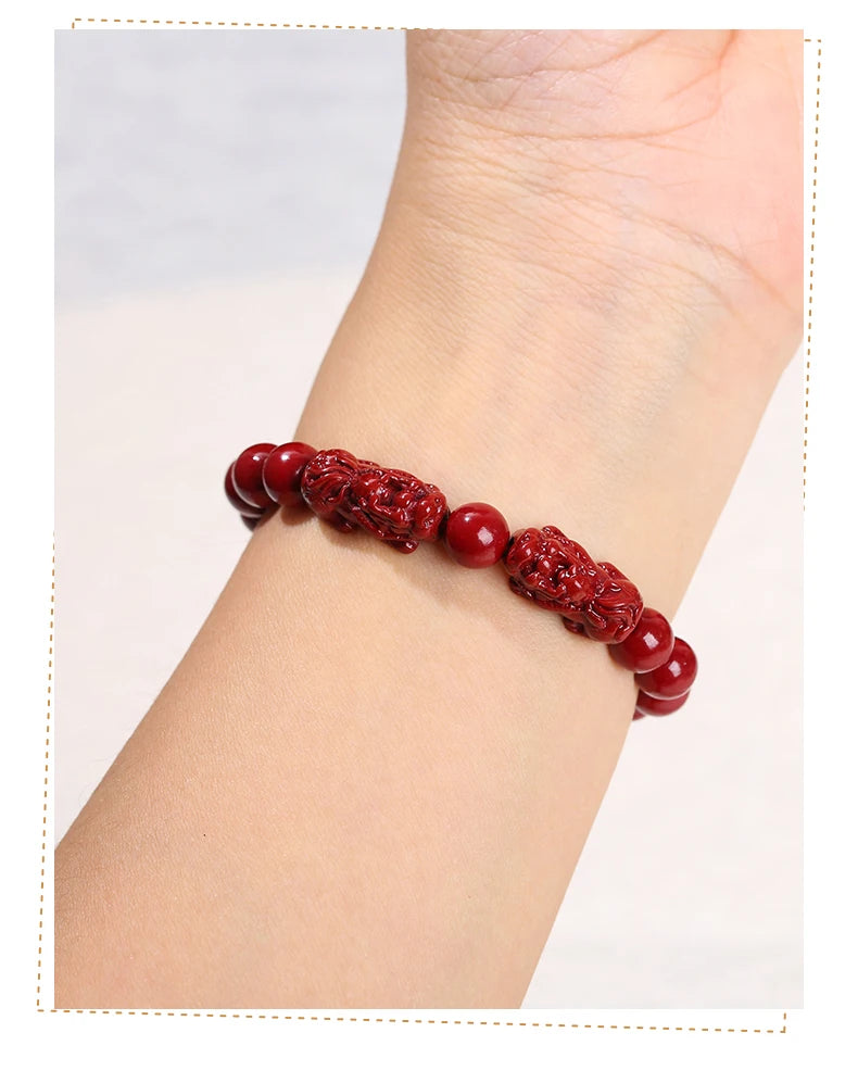 JD Natural Cinnabar Real Bead Bracelets Women Men Change Lucky Wealth Protection Hand String Pixiu Carved Vintage Bangles Gift