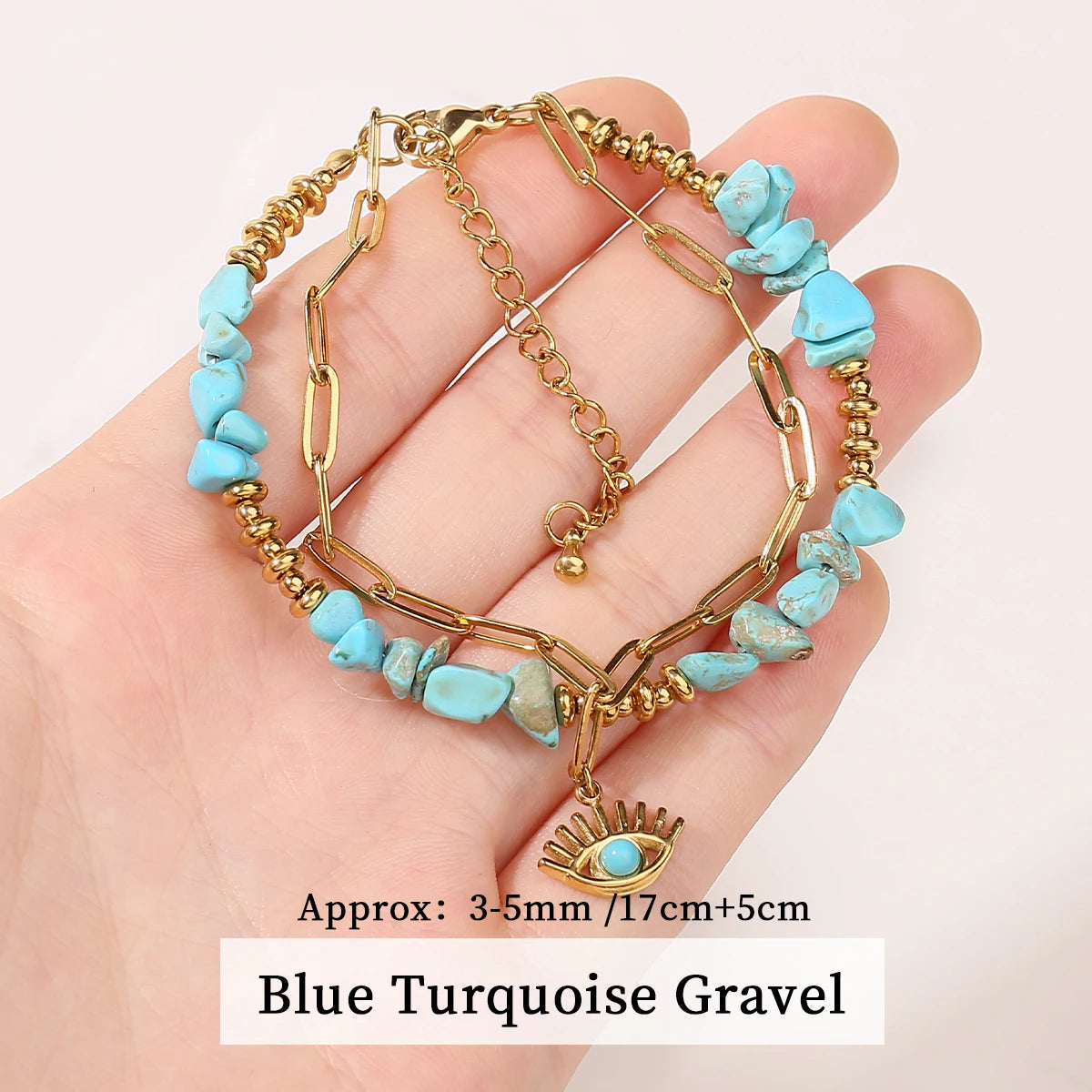 JD Natural Blue Turquoises Stone Devil's Eye Pendant Chain Double Layer Bracelet Women Bohemian Handmade Stainless Steel Jewelry